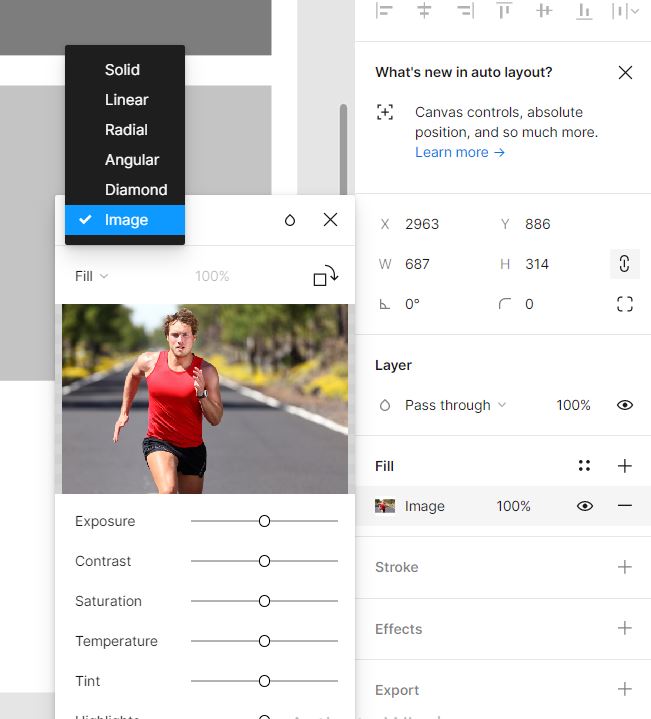 Добавление текстуры происходит при помощи блока Fill, в правой панели.