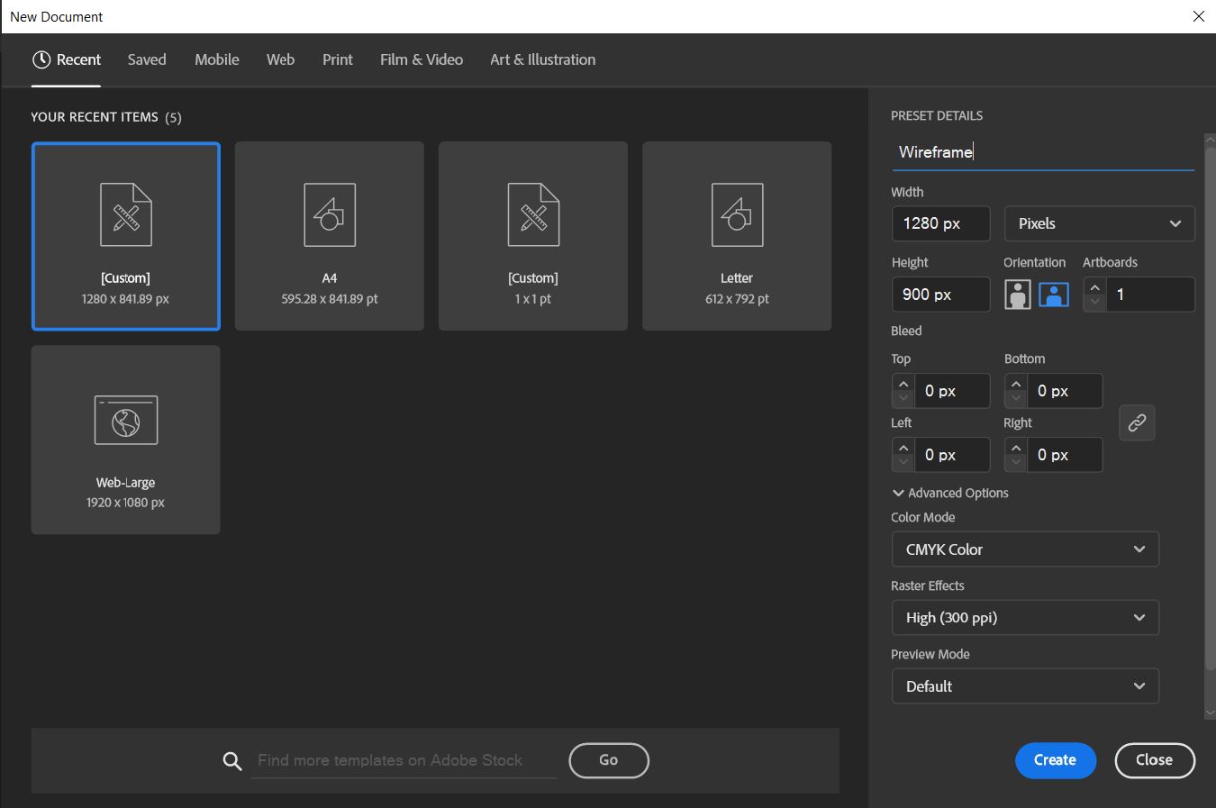 Пример создания вайрфрейма в иллюстраторе.
